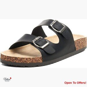 Double Strap Slide Sandals with Faux Leather Upper and Cork Sole